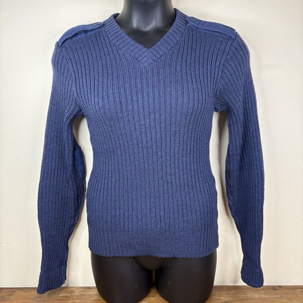 Vintage Woolly Pully Sweater Women M L Blue Ribbed Wool Patches Epaulets England
